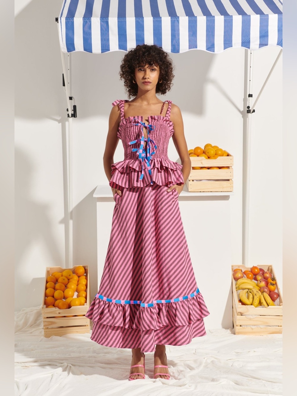 CeliaB Sofia Pink Striped Maxi Dress with Blue Ribbon Accents